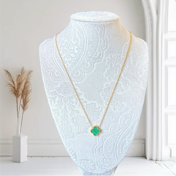 Green Malachite Gold Color Clover Necklace - Double Sided Stainless Steal - Picture 1 of 11